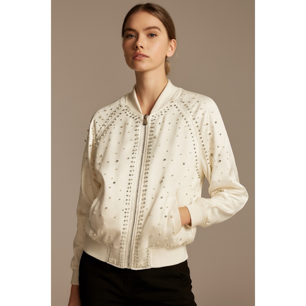 House of CB Satin Pearl and Rhinestones Embellished Bomber Jacket White XS